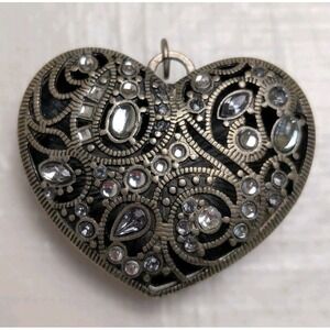 Vintage Heart Pendant Rhinestone Filigree Silver Tone Gothic Statement